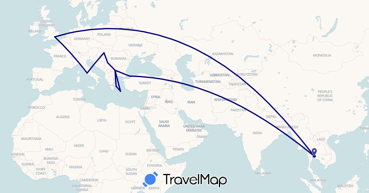 TravelMap itinerary: driving in Bulgaria, United Kingdom, Greece, Hungary, Italy, Serbia, Thailand, Turkey (Asia, Europe)